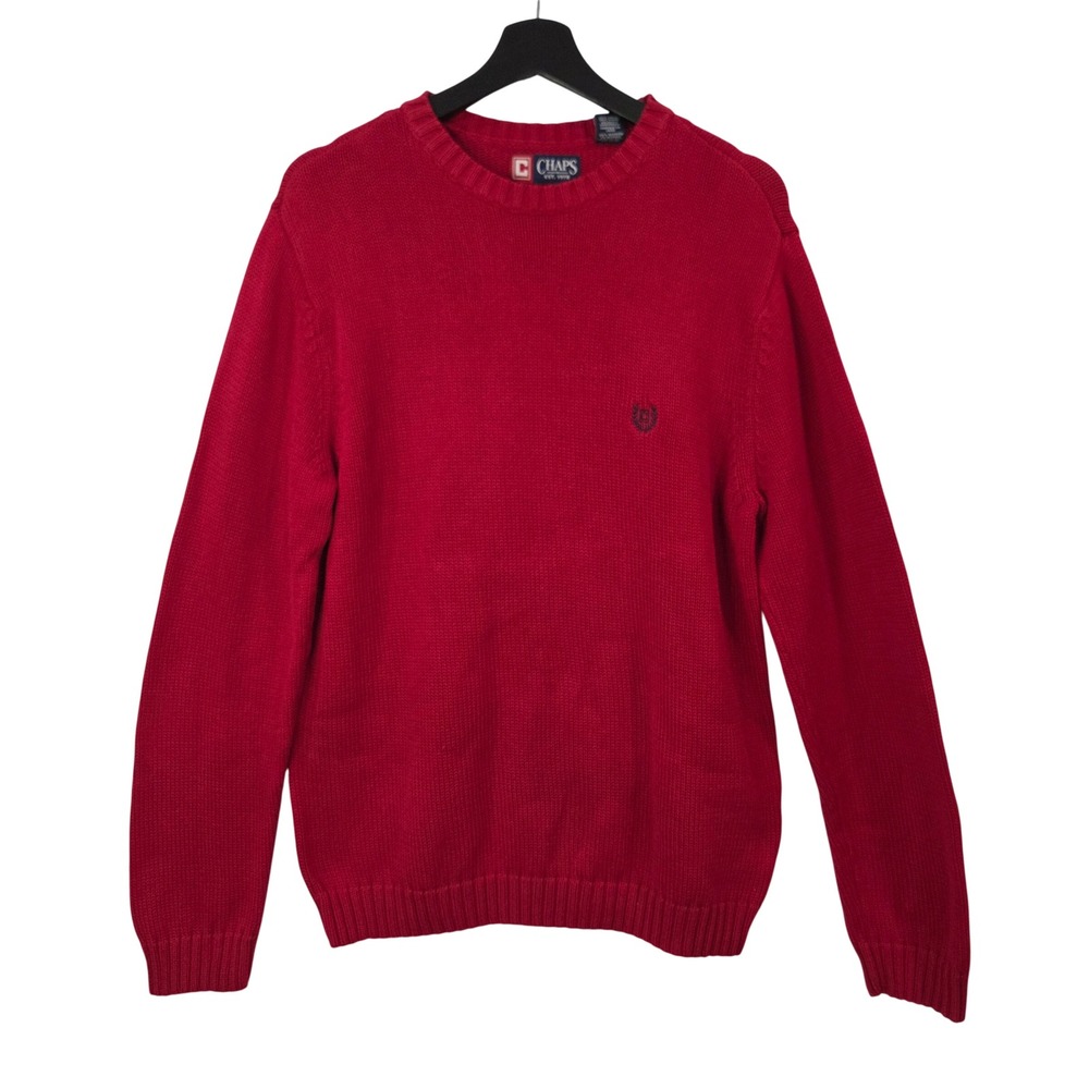 Chaps Mens M Red 100% Cotton Crewneck Sweater Embroidered Logo Preppy Ivy